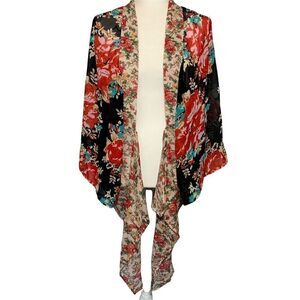 Boutique Multicolor Sheer Floral Waterfall Front Kimono Cardigan One Size